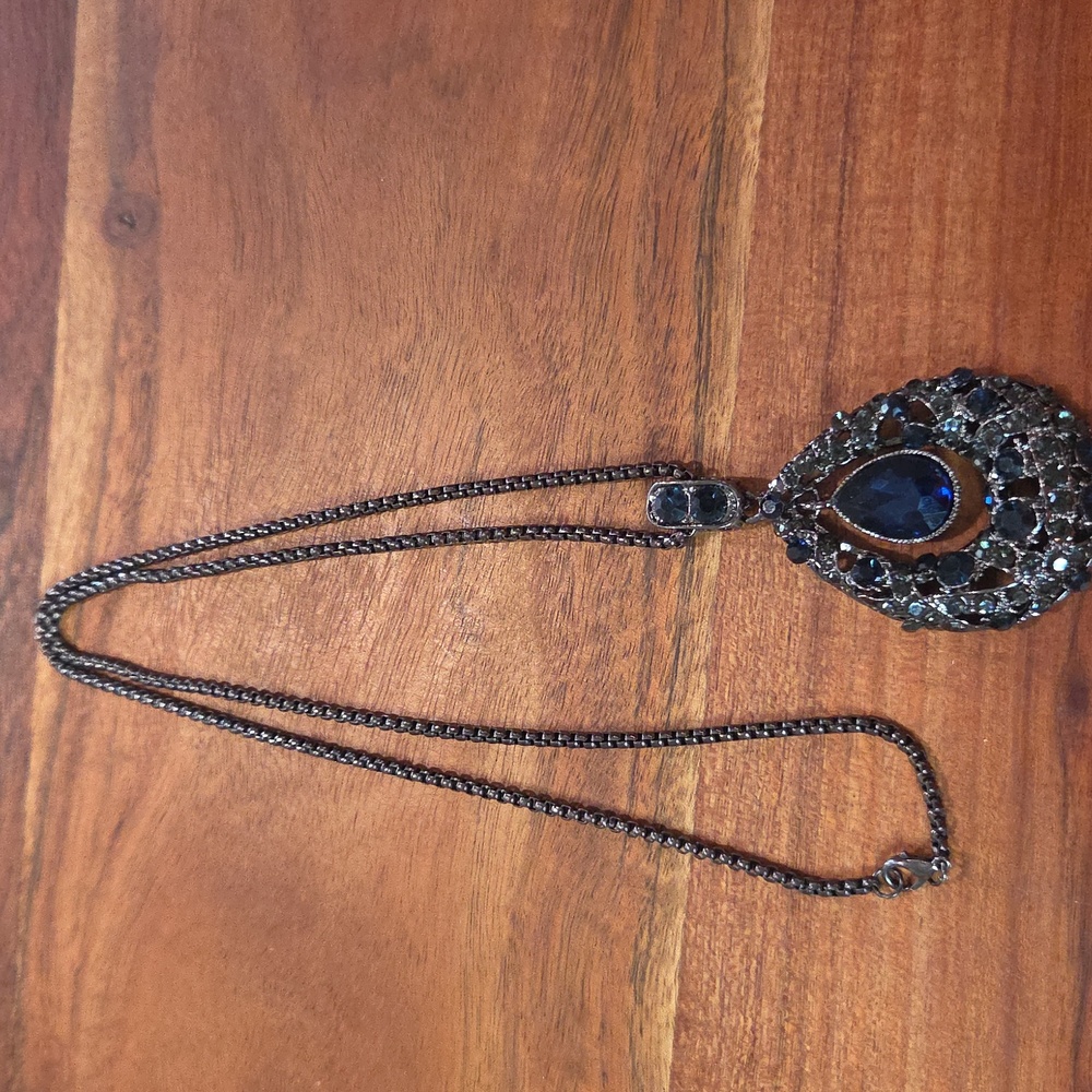 Fashion Crystal Blue Water Drop Black Sweater Chain Long Necklace